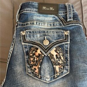 Miss Me Blue Jeans with Ornate Wing Design
